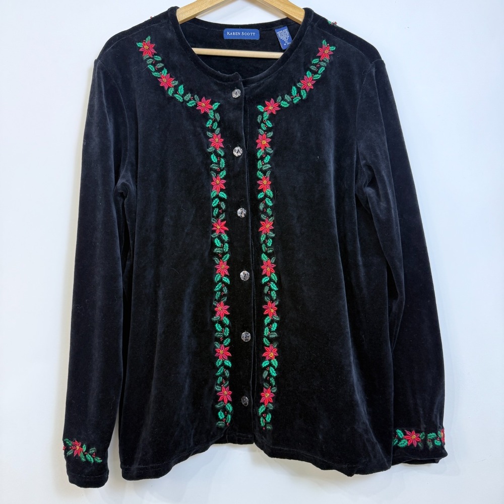 Vintage Karen Scott Velvet Embroidered Poinsettia Christmas‎ Holiday Cardigan XL